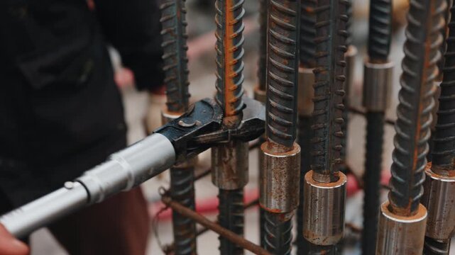 Worker tightening rebar couplers with wrench during reinforcement assembly
