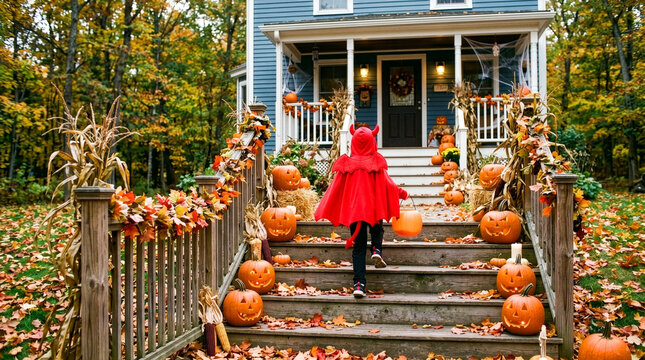 Child in devil costume trick or treating on Halloween night with carved pumpkins and autumn leaves