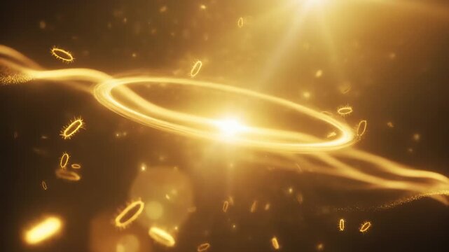 A luminous golden swirl arcs across a dark backdrop, with radiant orbs and shimmering specks suspended in air, creating a dynamic, ethereal field of light, motion, and warm glow in pristine clarity!!