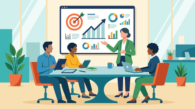 Team of professionals presenting market analysis during a business meeting.