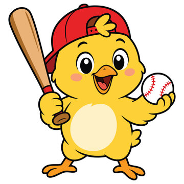 Cute cartoon chick playing baseball with a bat and ball