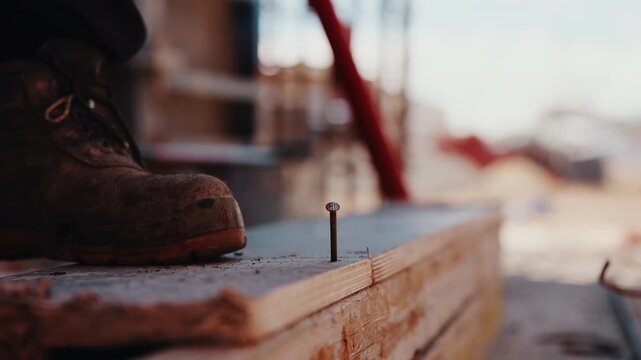 Worker hammering nail into wooden formwork on construction site