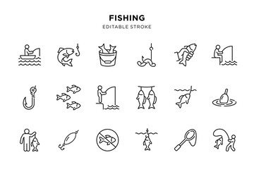 Fototapeta premium Fishing line icon set with editable stroke
