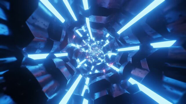 A neon-lit tunnel of blue glowing prisms spiraling toward a bright center, futuristic and abstract.!