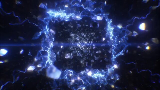 A radiant core pulses at the center, surrounded by jagged blue lightning that radiates outward in all directions, set against a vast dark space dotted with distant specks and subtle motion intense
