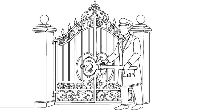 Vintage gatekeeper operating ornate iron gate wheel.