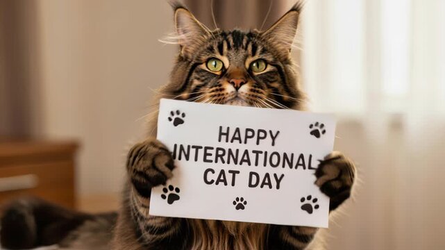 A Maine Coon Cat Celebrates International Cat Day: A majestic Maine Coon cat, with its striking tabby markings and luxurious fur, holds a sign proclaiming Happy International Cat Day in its paws.