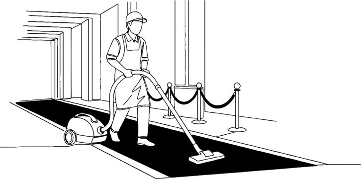 Professional cleaner vacuuming black carpet indoors efficiently.