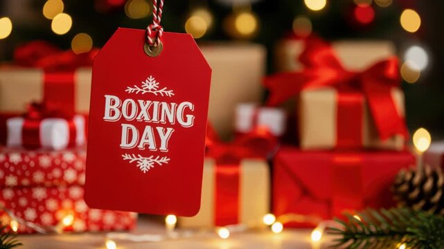 Boxing Day Sale Tag: A festive red tag announces Boxing Day amidst a blurred background of elegantly wrapped gifts and sparkling fairy lights, evoking the spirit of post-holiday shopping and savings.