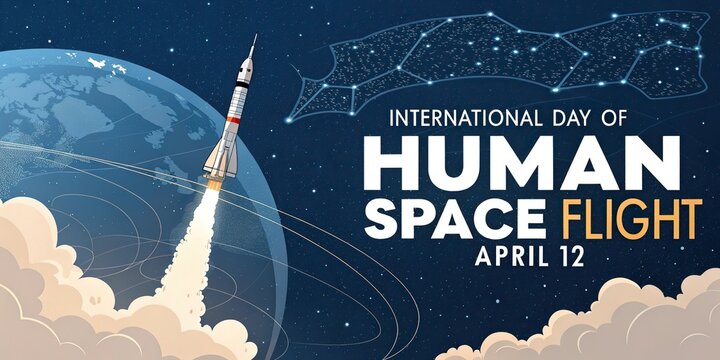 International Day of Human Space Flight April 12 rocket launch with astronauts in outer space