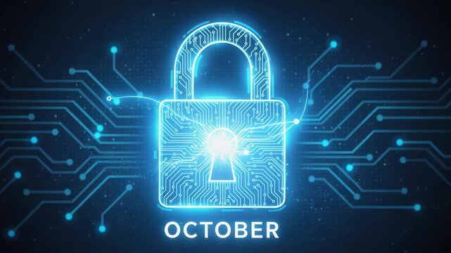 Digital Lock for October Security: A glowing blue digital padlock symbolizes online security and data protection, set against a backdrop of circuitry with the word OCTOBER illuminated below.