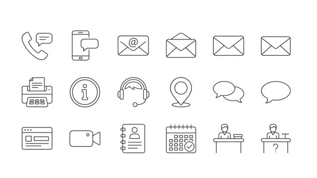 Contact us and customer support line icon set including telephone email message chat printer faq information isolated vector illustration