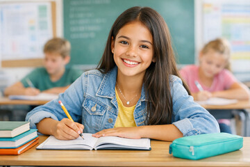 Fototapeta premium Young girl smiles while studying at school desk