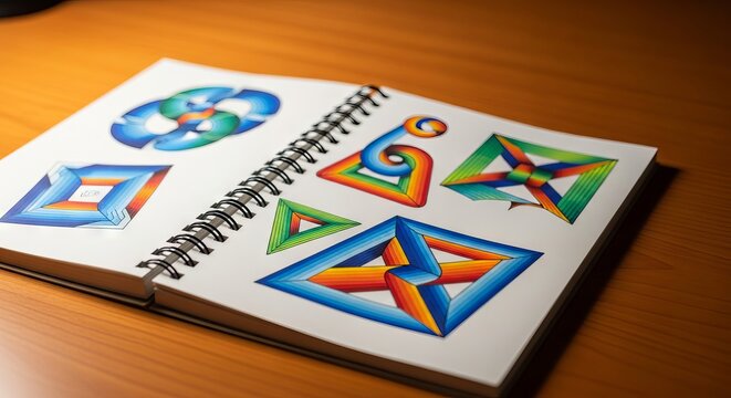 An open spiral notebook resting on a wooden desk featuring intricate drawings of paradoxical shapes and infinite loops of impossible geometry, perspective, wood, grid