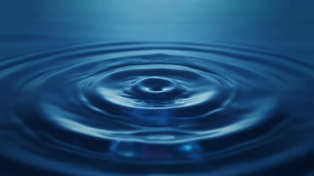 A single water droplet creates concentric ripples on a blue surface capturing soft highlights and a calm, glassy mood. The circle pattern expands, conveying quiet motion and serene aquatic stillness