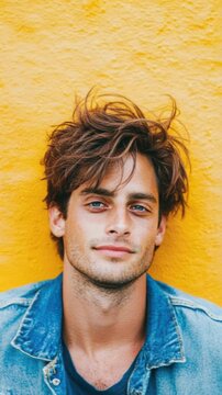 Young man with disheveled brown hair and blue eyes wears a denim jacket and dark t-shirt. He smiles subtly while posing in front of a bright yellow textured wall under natural light