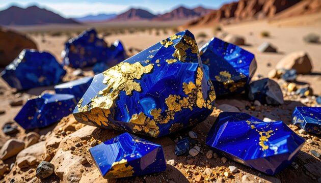 Jagged Lapis Lazuli Fragments with Golden Pyrite Inclusions Scattered on Natural Ground
