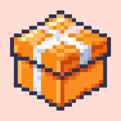 Fototapeta premium Classic orange present gift box container tightly wrapped in white ribbon bow decoration for birthday celebration rewards shop pixel art