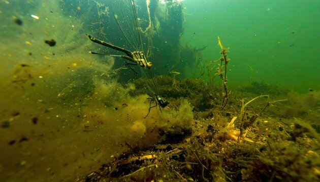 Underwater Dragonfly Nymph in Predatory Lunge Amidst Aquatic Vegetation