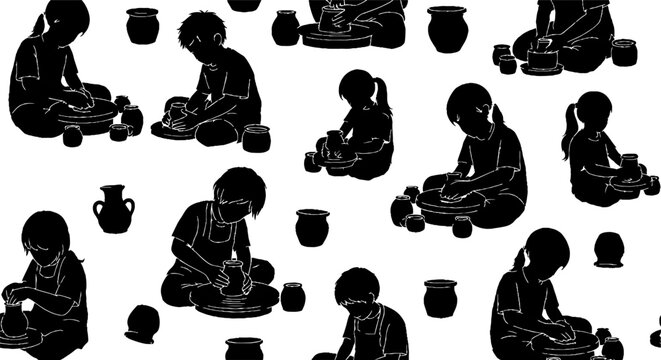 Silhouettes of People Crafting Traditional Pottery Together.