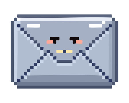 Pixel art mail envelope message item with grumpy emotionless face for retro computer operating system themes and modern email notification buttons
