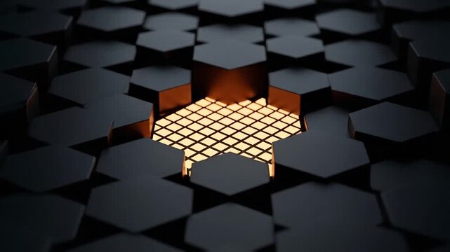 Black hexagonal tiles with one glowing orange central cell.