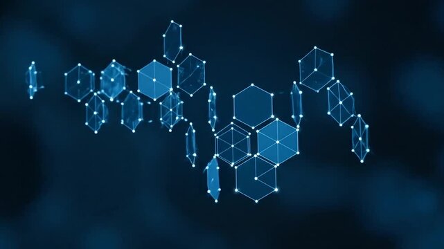 Blue wireframe hexagonal grid structure on dark bokeh background.