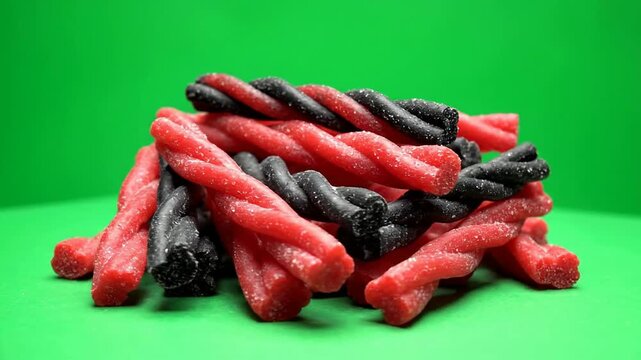 Vibrant Stack Of Red And Black Licorice Twizzlers Isolated On Bright Green Screen Background For Food Compositing And VFX
