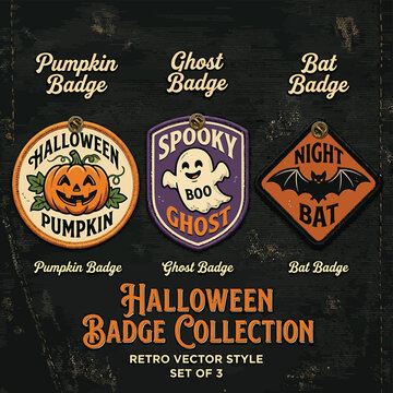 Vintage halloween badge collection featuring spooky pumpkin ghost and bat icons halloween collection celebration decoration seasonal illustration
