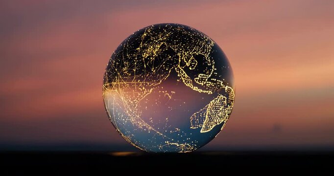 Crystal Glass Globe with Internal Golden Data Lines at Sunset