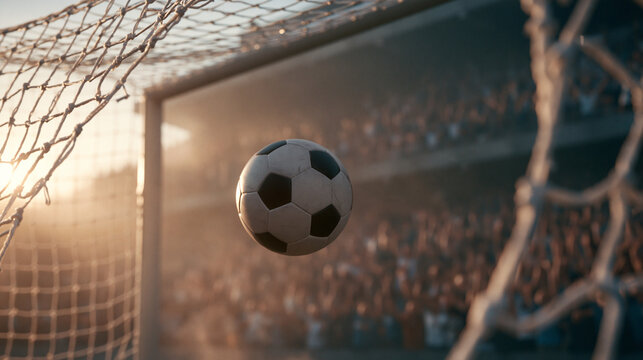 A soccer ball flies into the net during a match with a large crowd in a stadium at sunset
