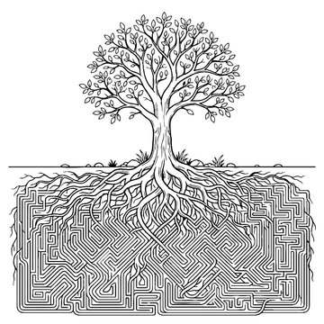 Black and white line art illustration of a deciduous tree with roots shaped like a complex maze pattern on a white background