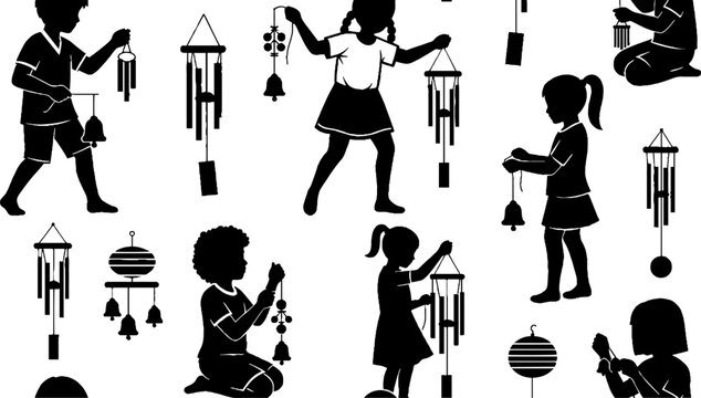 Silhouette Children Playing with Wind Chimes and Decorations.
