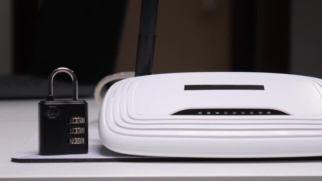 Hand placing a combination padlock next to a personal wireless wi fi router, symbolizing the essential concept of network security and data protection for home internet access