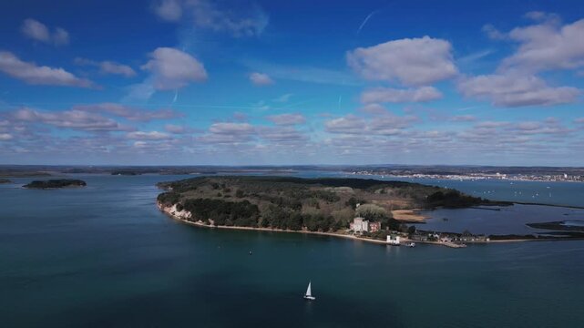 Drone view of Brownsea Island from view of Sandbanks
