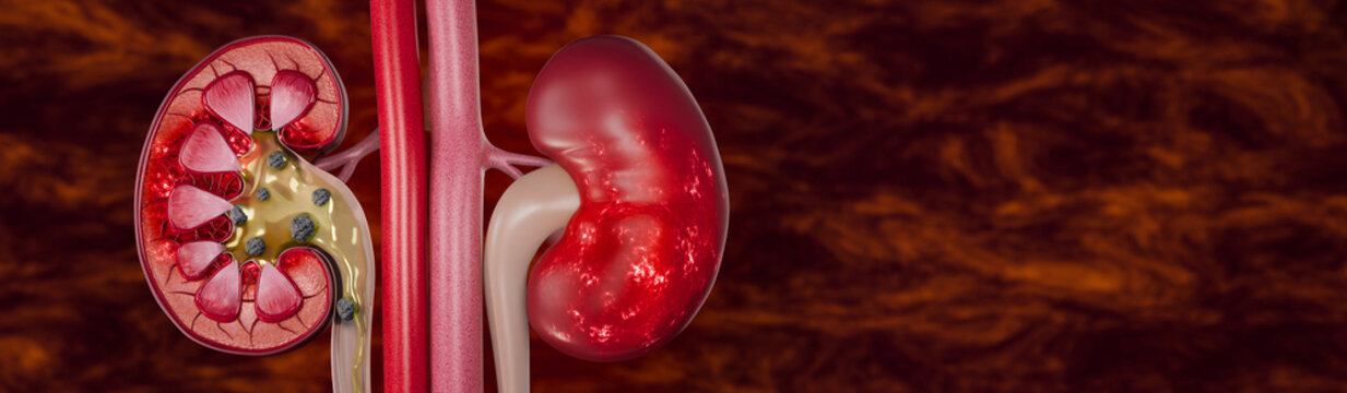 Kidney health deterioration linked to fast food, sugary beverages, alcohol, and processed meals causing chronic renal stress and urinary system damage. 3D Rendering