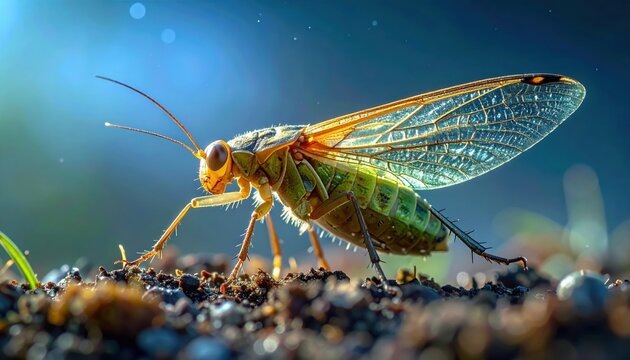 Detailed macro shot of a green winged insect emerging from the soil at dusk