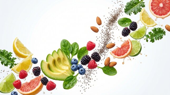 Dynamic splash of flying fresh fruits, avocado slices, berries, kale, and almonds with water droplets on a white background. Perfect for fresh juice and energy drink concepts.
