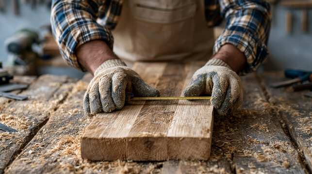Hands of a Carpenter Measuring Wood: A skilled carpenter, wearing protective gloves, meticulously measures a piece of wood with a tape measure on a sawdust-covered workbench.