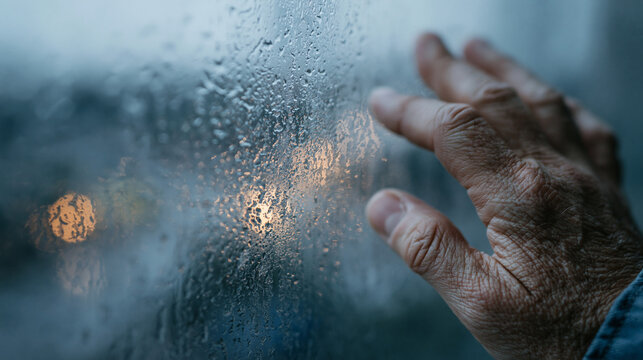 Rainy Day Reflection: A lone hand rests on a rain-streaked window, gazing out at blurred city lights, evoking a sense of solitude and introspection.