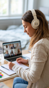 Online Learning and Remote Work: A focused woman wearing headphones attentively listens and takes notes during an online class or video conference.