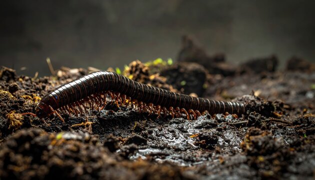 Centipede with Numerous Legs Scurrying Across Damp Soil in Low Tracking Shot Macro Detail
