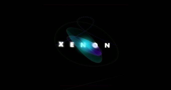 Abstract motion graphic featuring the word Xenon with a pulsating, glowing fluid organic shape in the background, scientific element visualization on a black background.