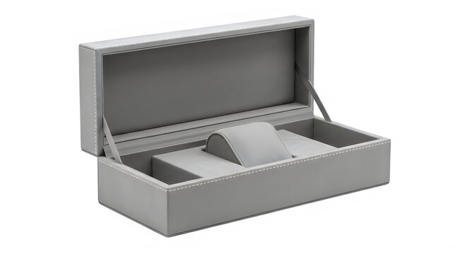 Open grey jewelry storage box with compartments isolated on transparent background, illustration