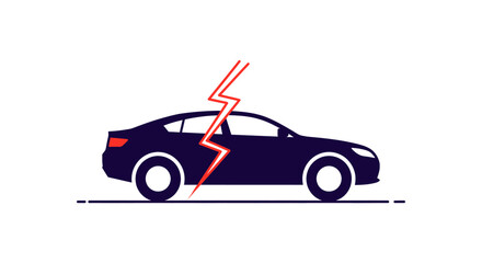 Naklejka premium A vector illustration of a dark blue sedan car with a red lightning bolt indicating a breakdown or electrical problem.