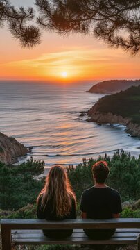 Man and woman sit on a bench on a high coastal cliff, watching the sun set over the ocean