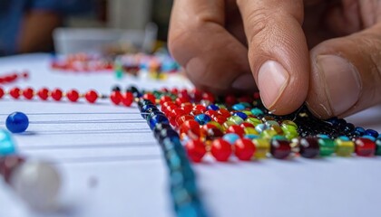 Fototapeta premium Artisan hands stringing vibrant colorful beads to create intricate handmade jewelry