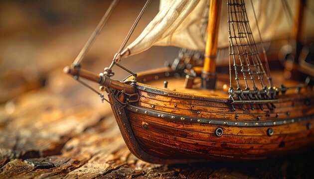 Detailed Wooden Sailing Ship Model with Rigging and Sails