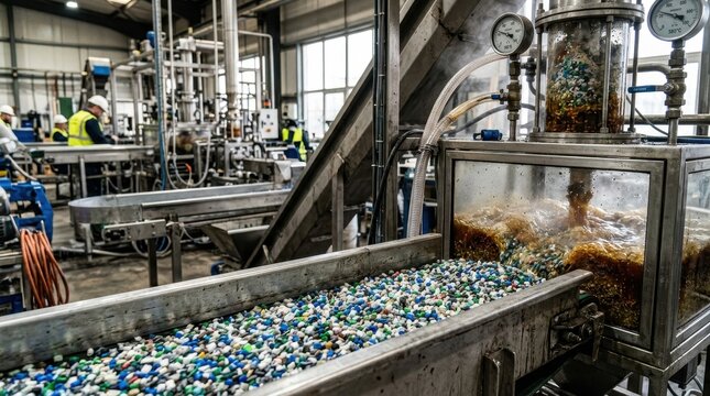 Industrial plastic recycling factory processing colorful plastic granules on conveyor belt with machinery