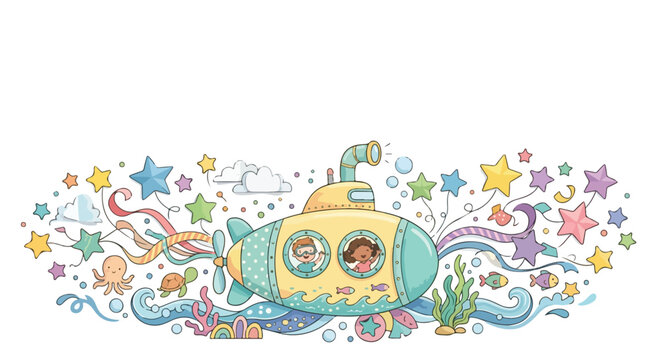 A whimsical vector illustration featuring two children in a yellow submarine, surrounded by colorful stars, sea creatures, and bubbles.